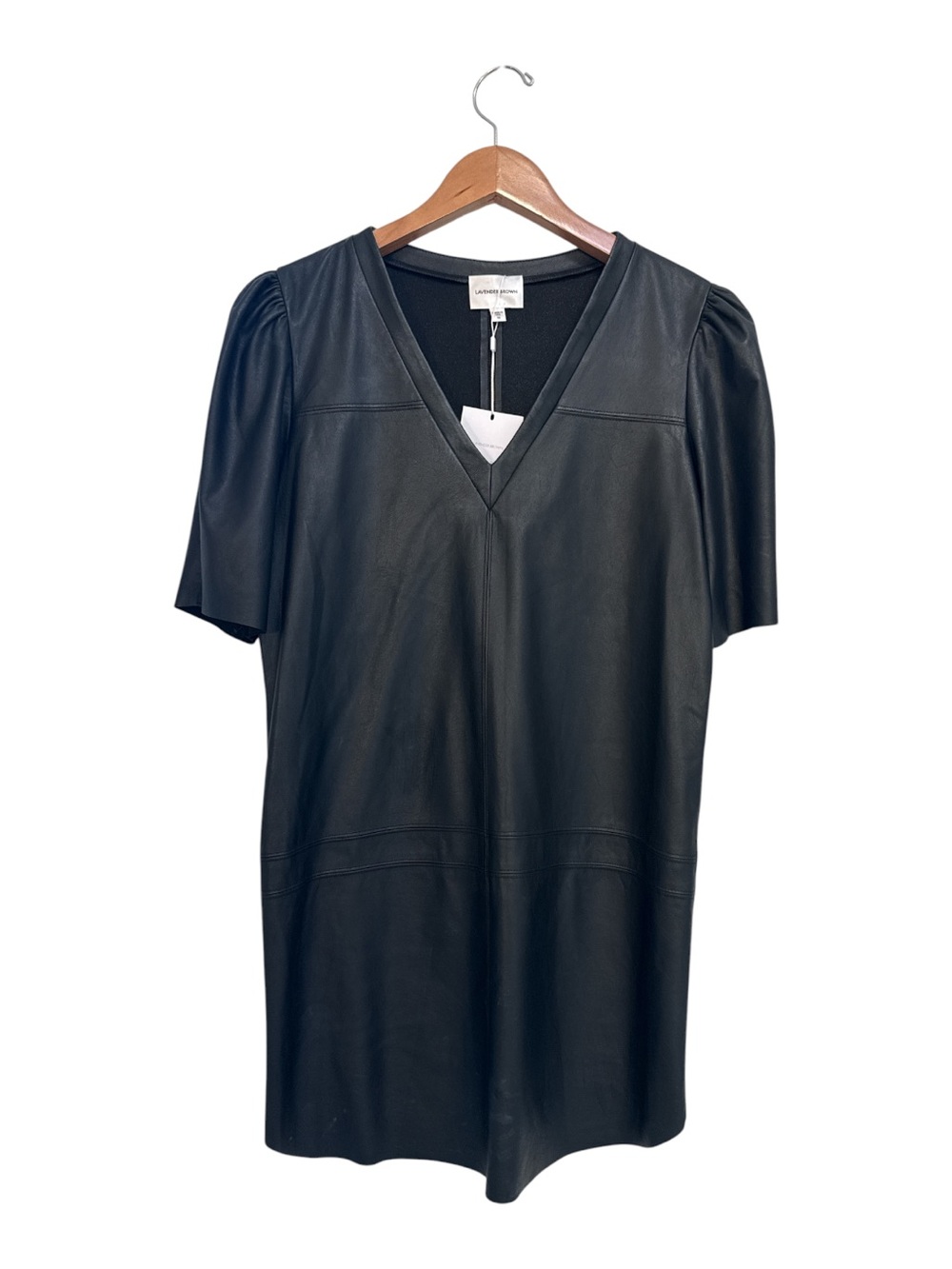 NWT Lavender Brown Black Faux Leather  V-Neck Short Sleeve Dress New with Tags